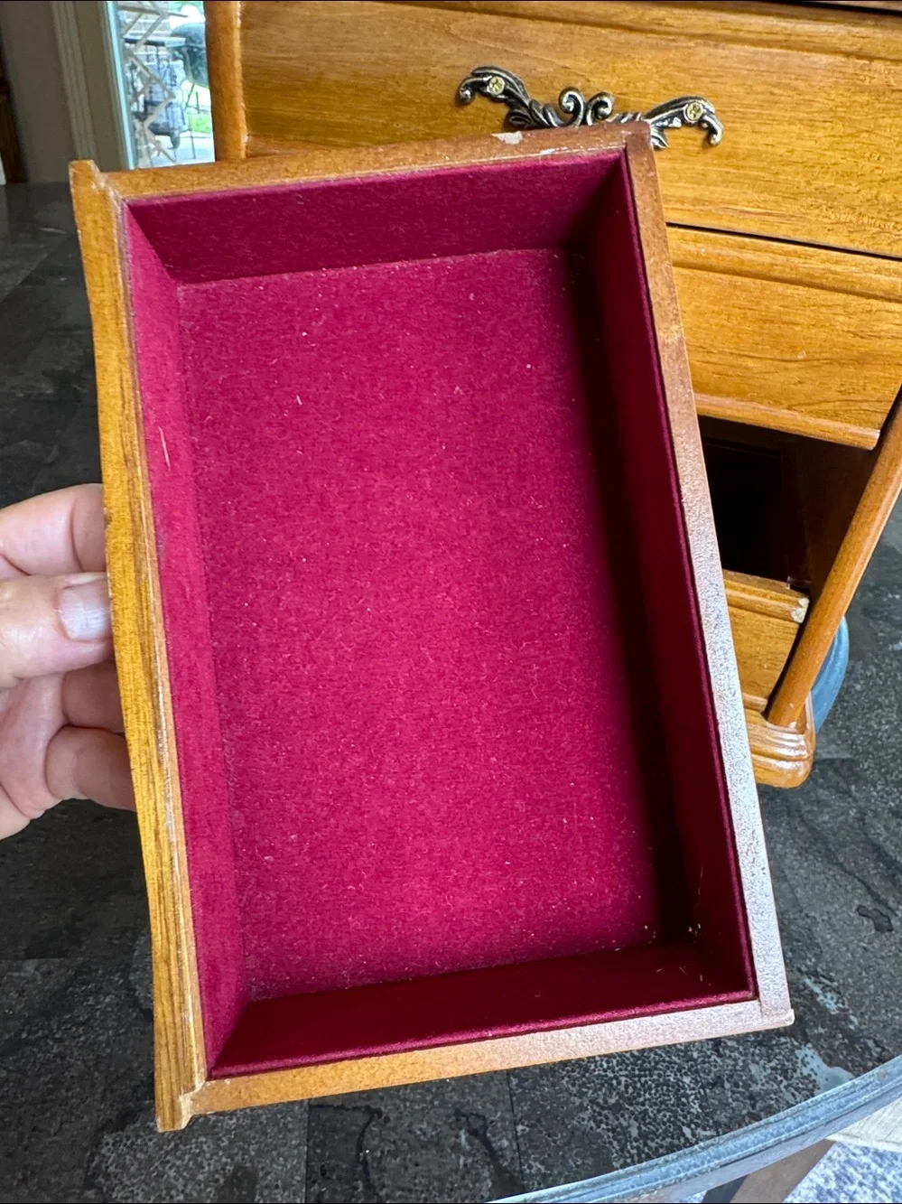 Vintage Wood Jewelry Box red lined
